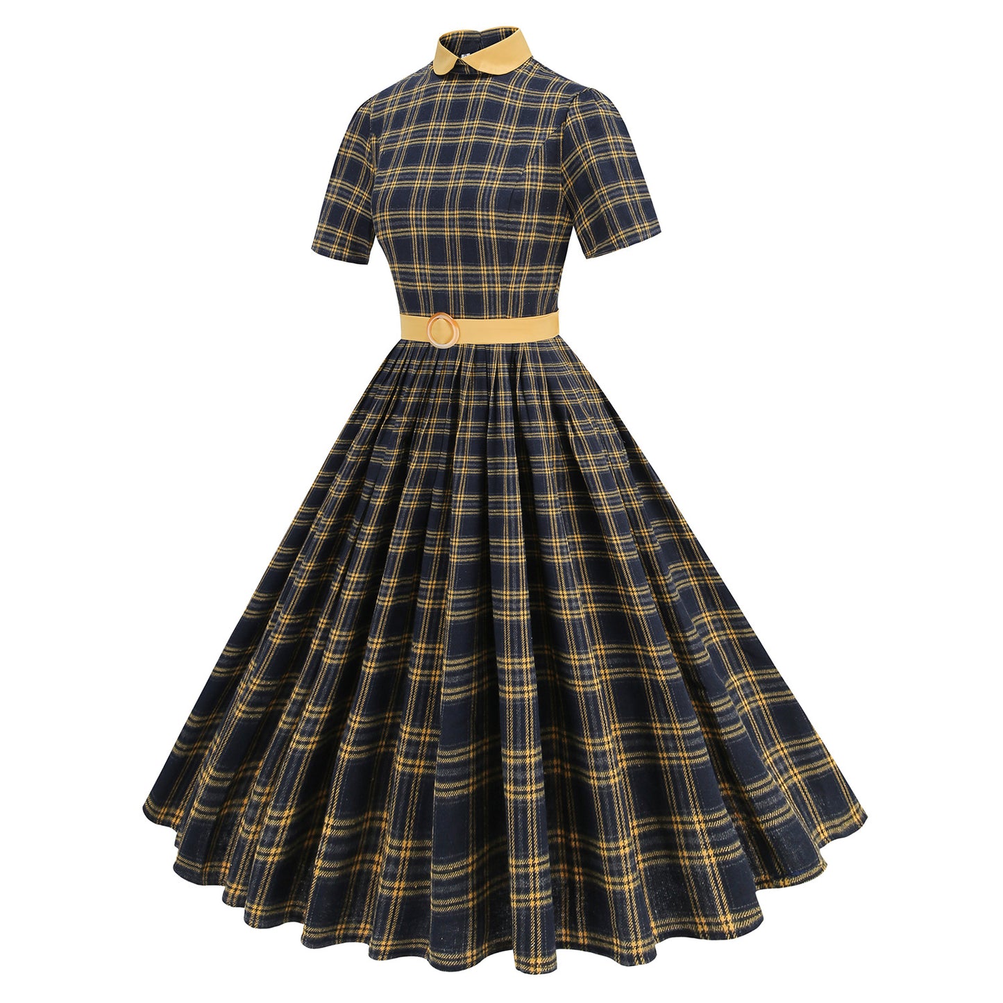 British Court Retro Contrast Color Lapels Pleated Plaid Elegant Dresses