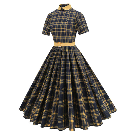 British Court Retro Contrast Color Lapels Pleated Plaid Elegant Dresses