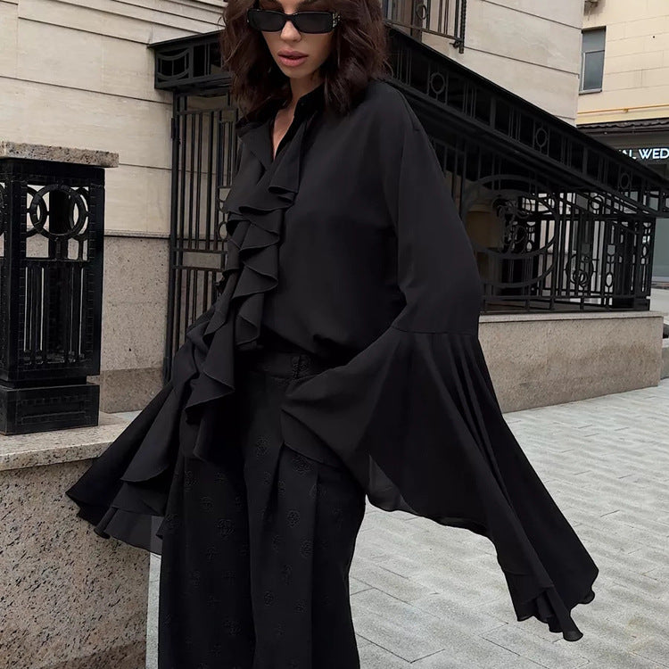 Women's Ruffled Shirt Small Stand-up Collar Flared Blouses