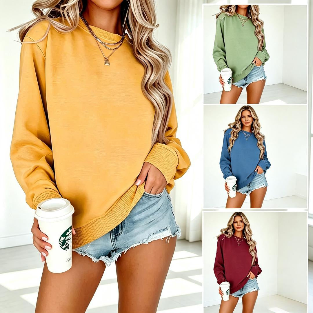 Women's Long-sleeved Large Solid Color Crew Neck Casual T-shirt Tops