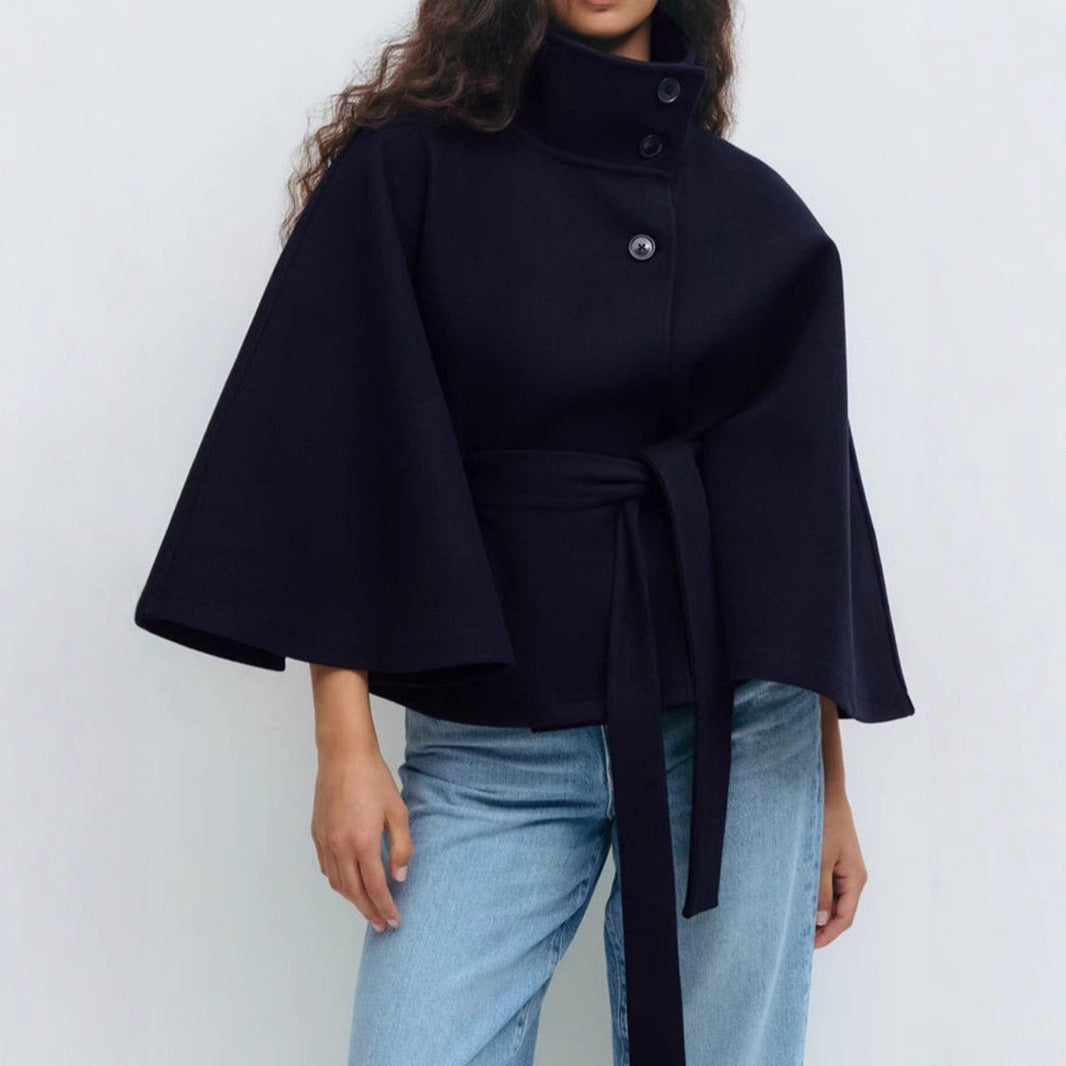Women's Solid Color Cloak Stand Collar Button Coats