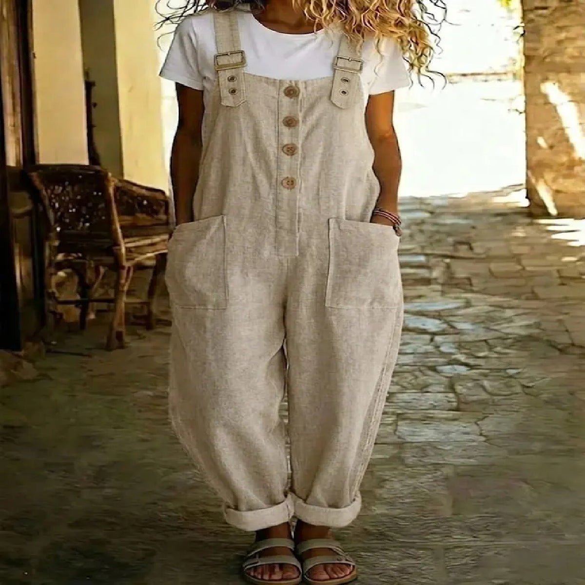 Women's Summer Linen Solid Color Retro Pocket Straight Women's Jumpsuit/clothing