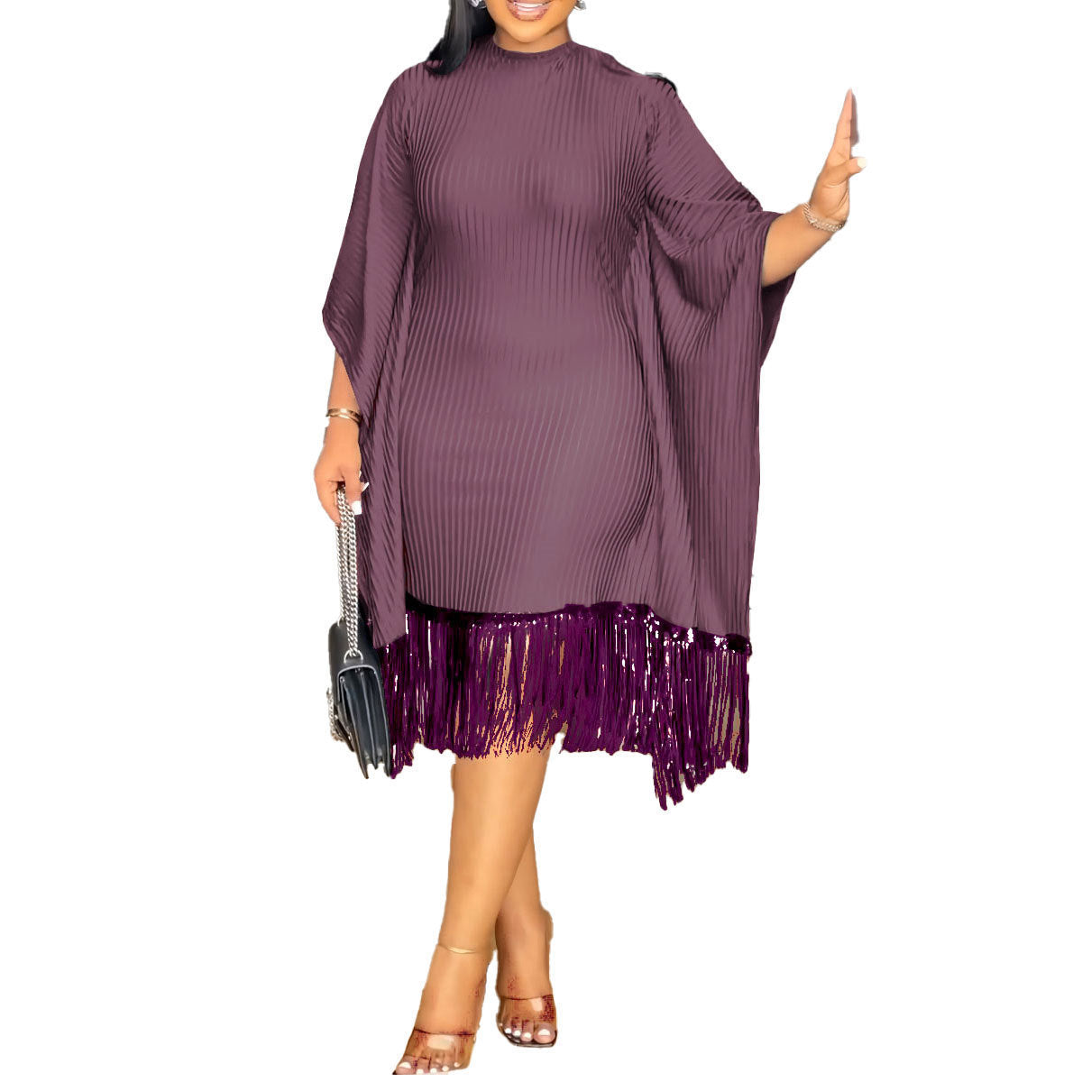 Sequined Tassel Batwing Sleeve Elastic Hip Dress