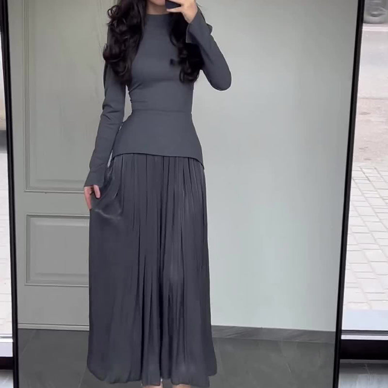 Women's Autumn Solid Color Fashion Stitching Design Round Dresses