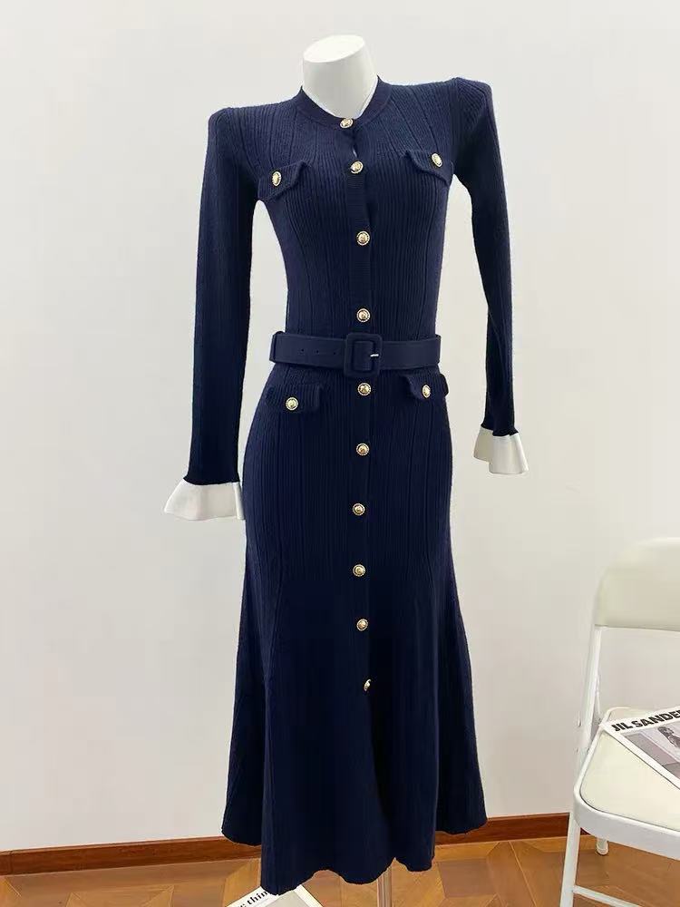 French Style Slim Fit Long Dress Sleeve Waist Dresses