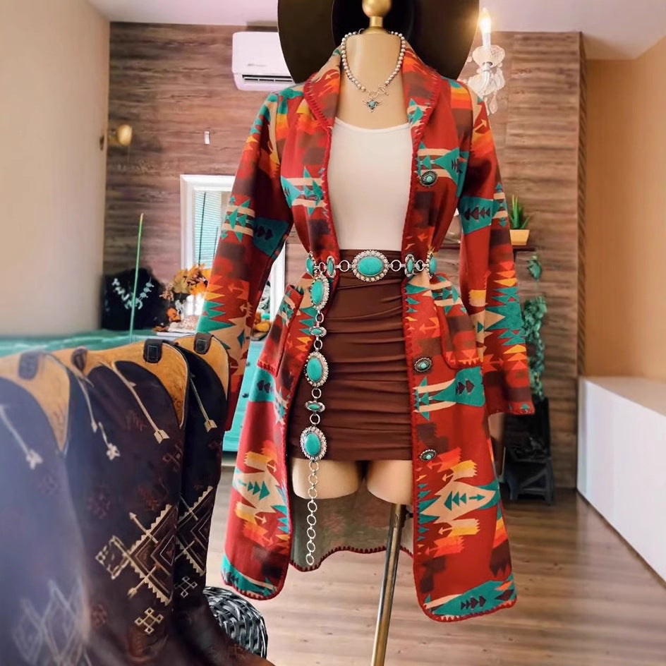 Women's Western Style Printed Hemming Mid-length Woolen Coats