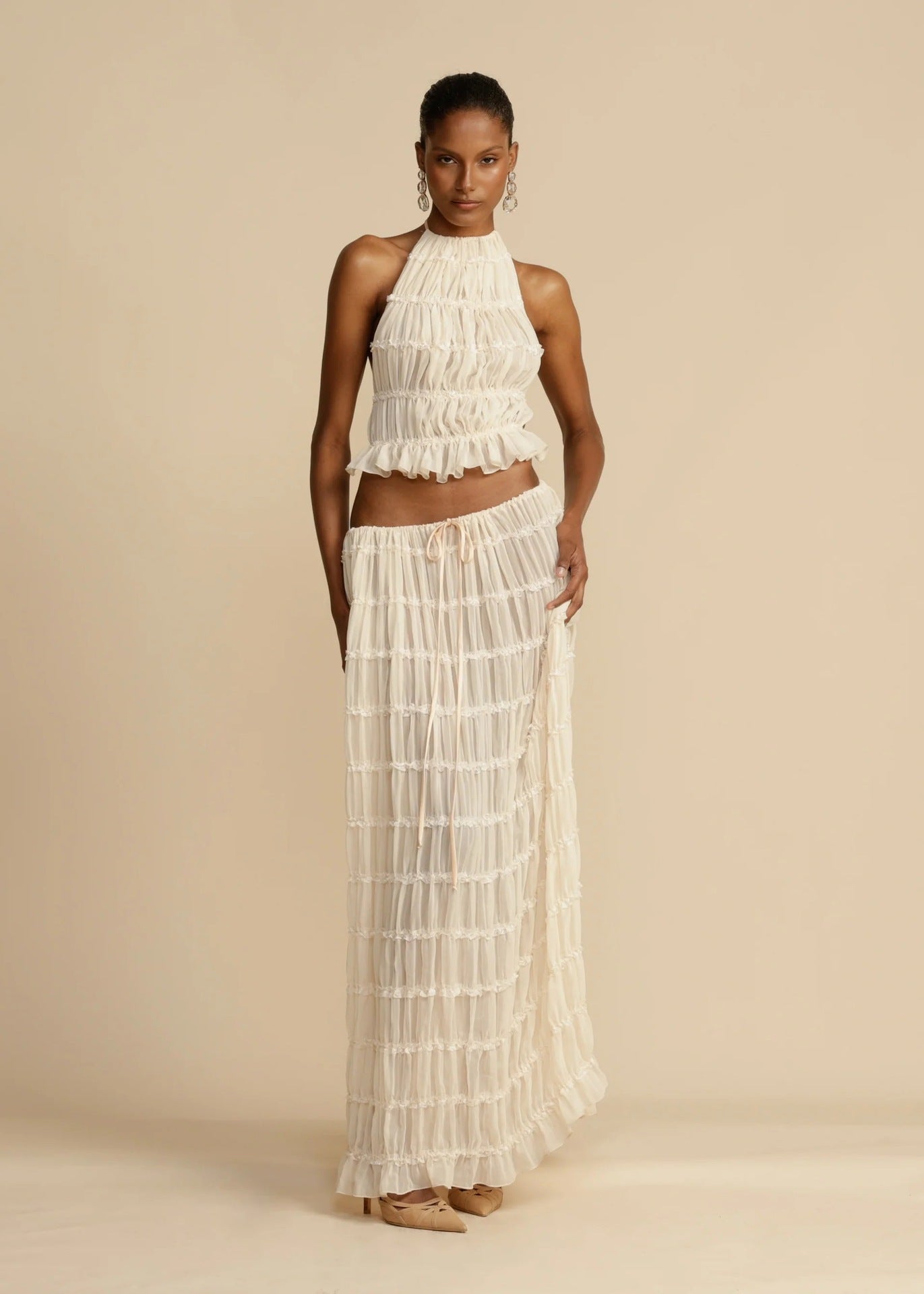 Strap Drawstring Chiffon Pleated Dress Two-piece Dresses
