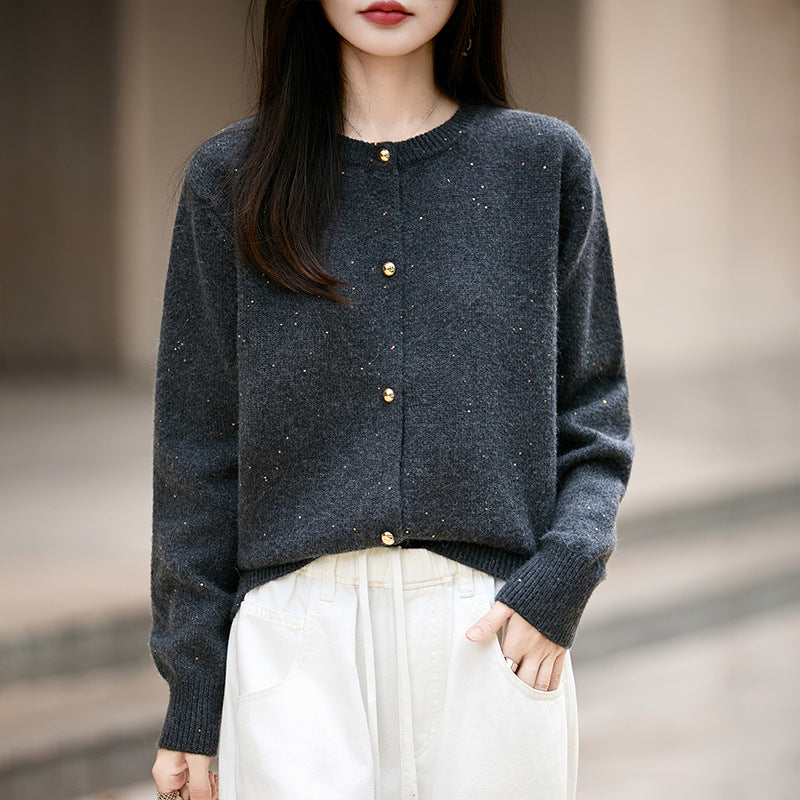 Women's Long Sleeve Single Row Sequined Color Sweaters