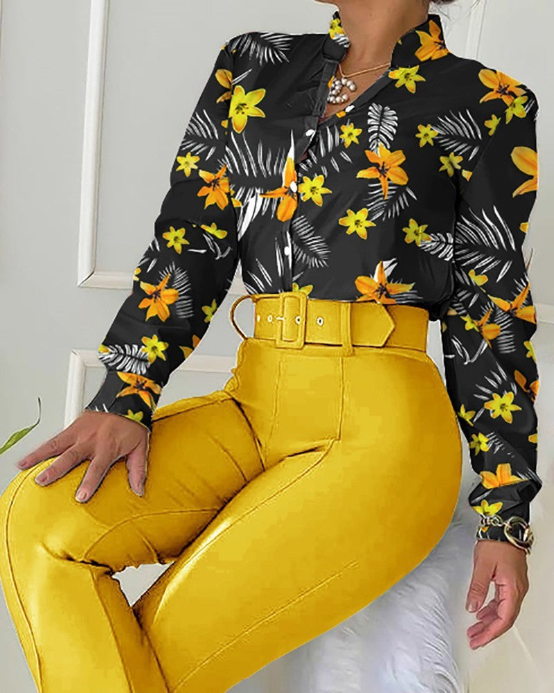 Collar Long Sleeve Shirt Wide Leg Suits