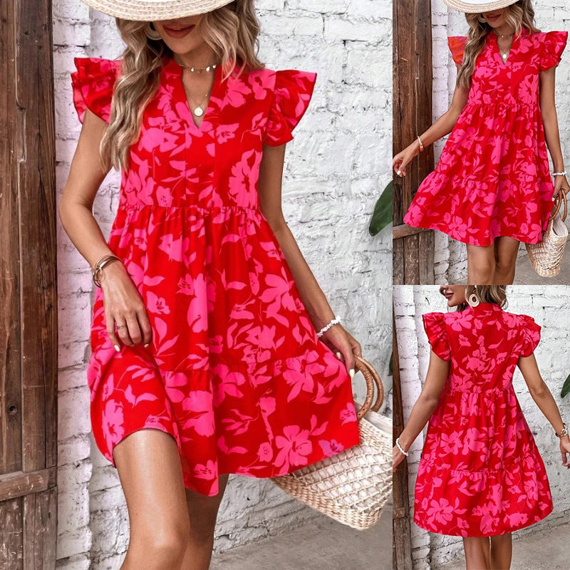 Attractive Women's Ruffle Sleeve Loose Printed Dress