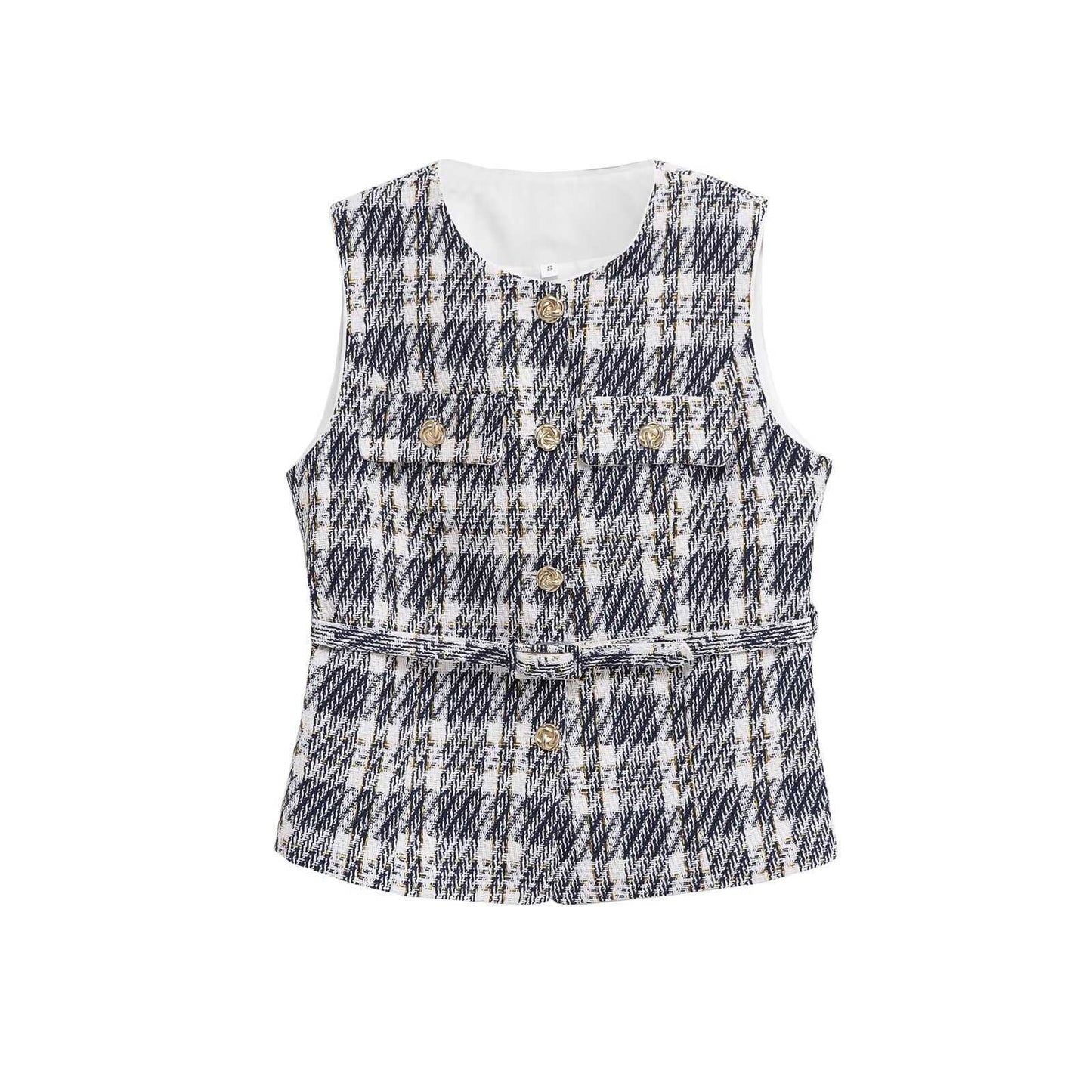 Women's Round Neck Decorative Waist Belt Classic Tops