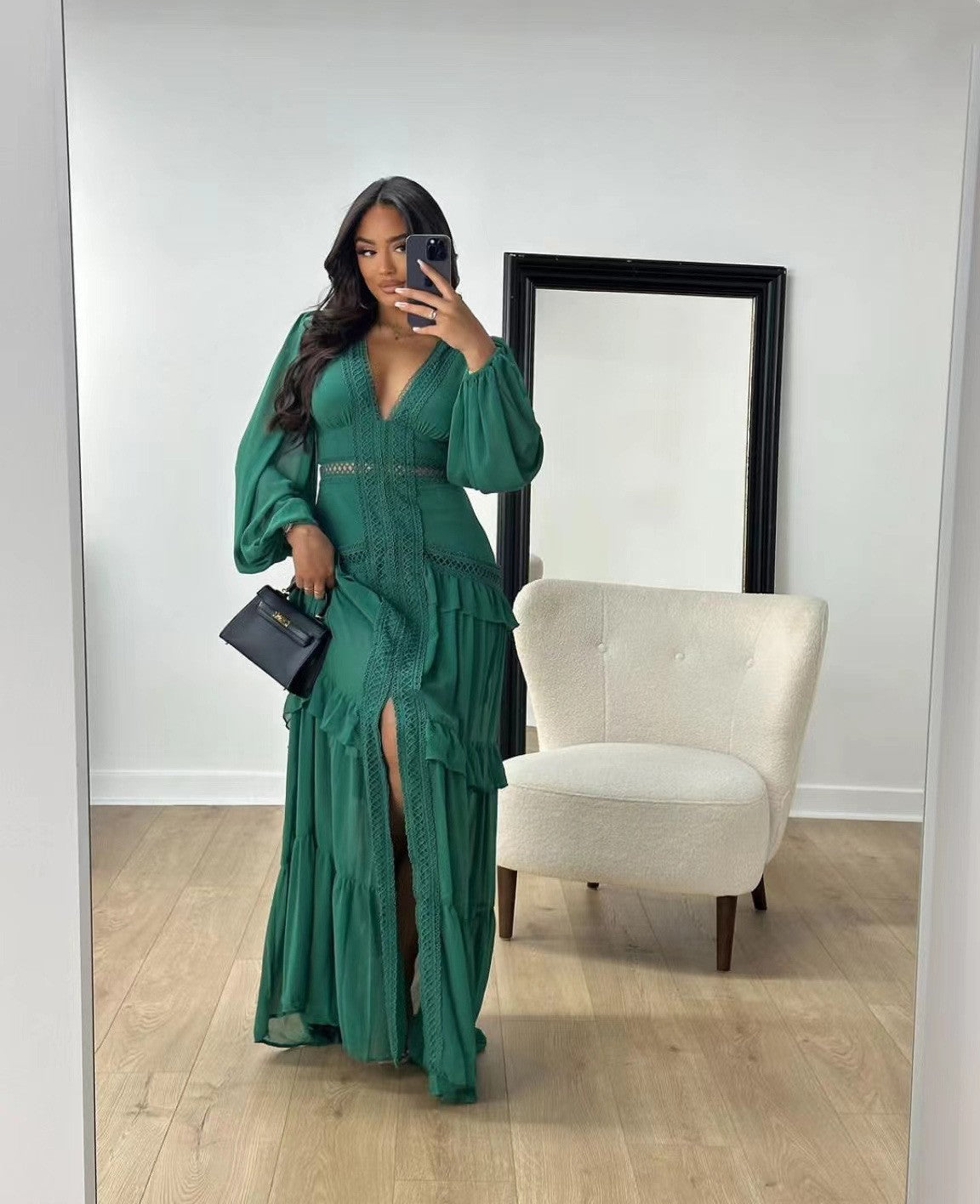 Women's Elegant Stitching Long Sleeve Dress Chiffon Dresses