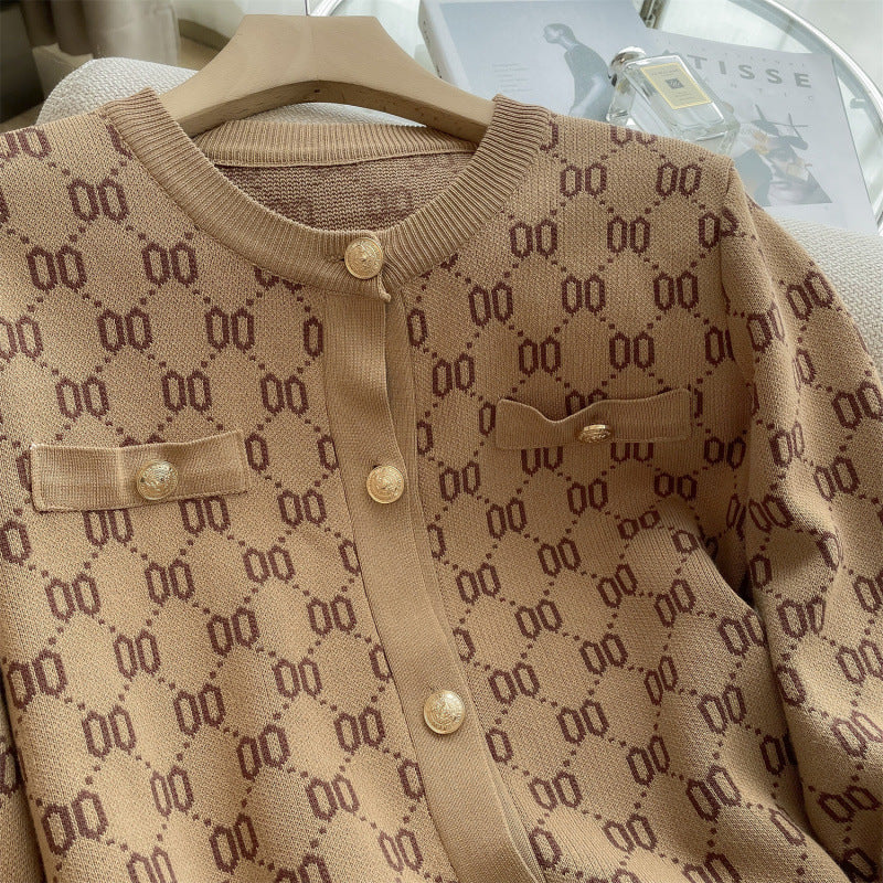 Classic Style Metal Buckle Letter Jacquard Knitted Round Neck Cardigans
