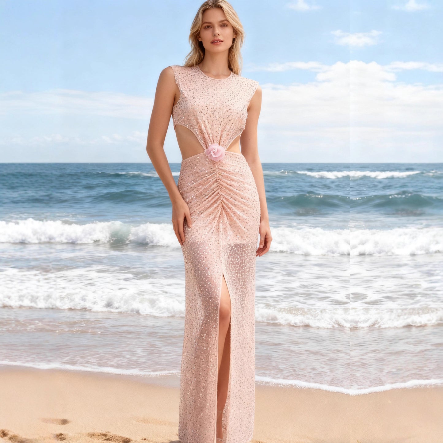 Rhinestone Sleeveless Midriff Outfit Flower Decoration Dresses