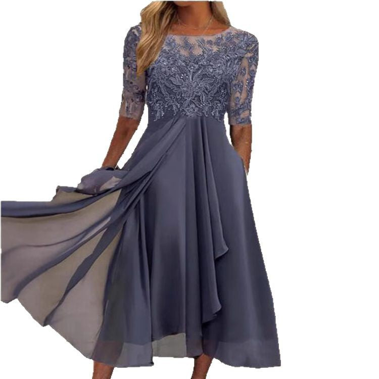 Women's Bridesmaid Dress Lace Mid Sleeve Chiffon Dresses