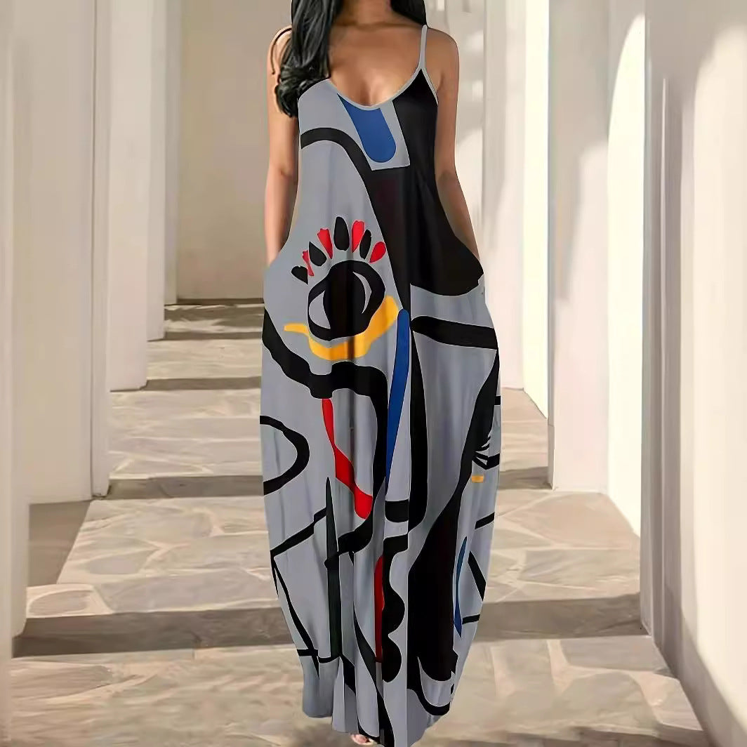 Summer Cool Sling Fashion Deep V Abstract Face Style Digital Dress