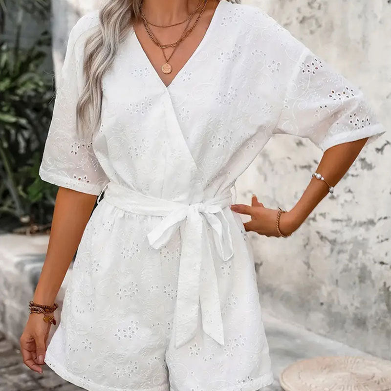Women's Hollow Embroidered Waist Cotton Solid Color Jumpsuits