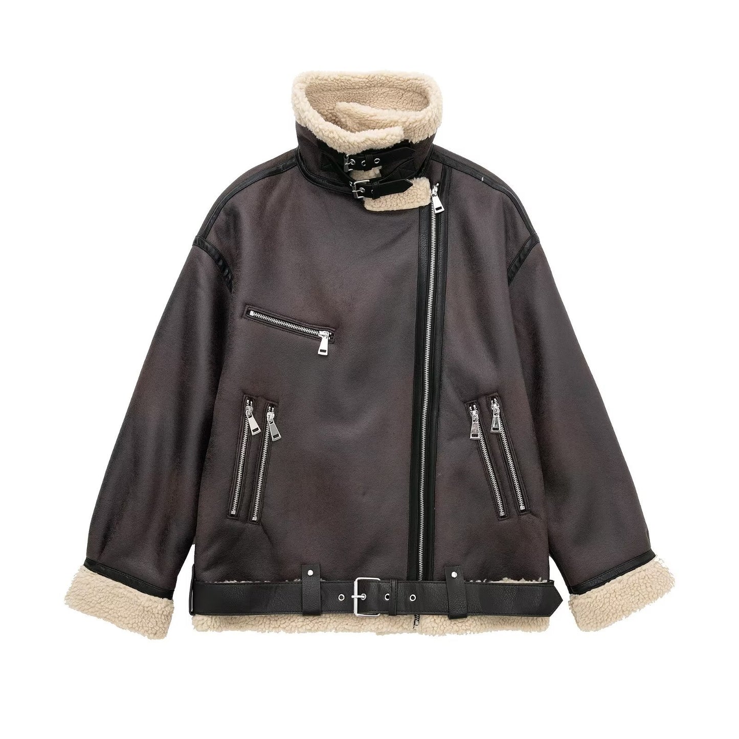 Charming Stylish Belt Zip Composite Fur Jackets