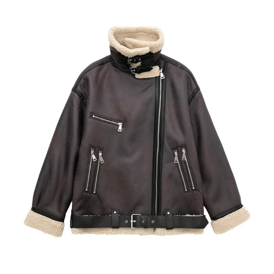 Charming Stylish Belt Zip Composite Fur Jackets