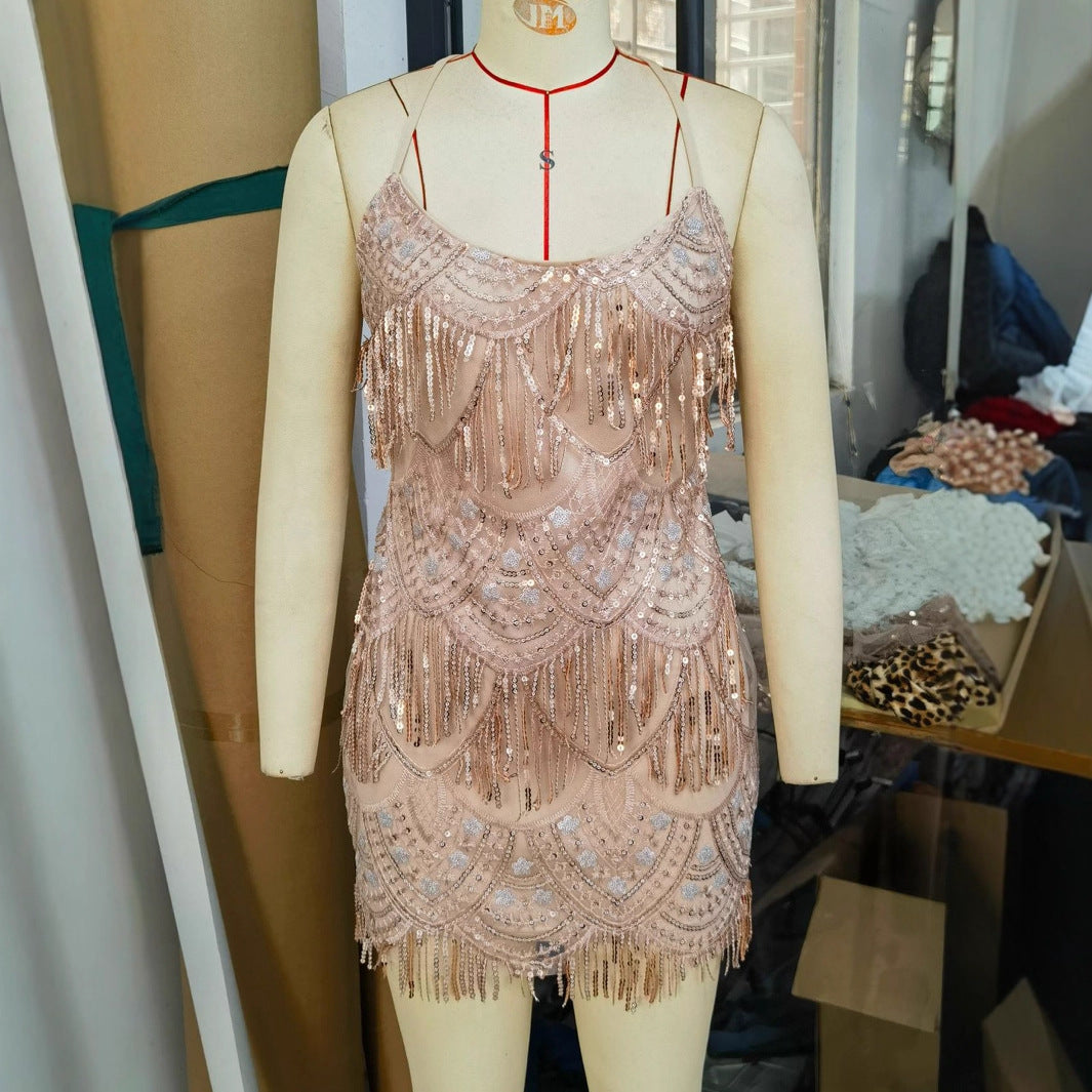 Women's Sexy Sling Tassel Sequins Dress Party Dresses