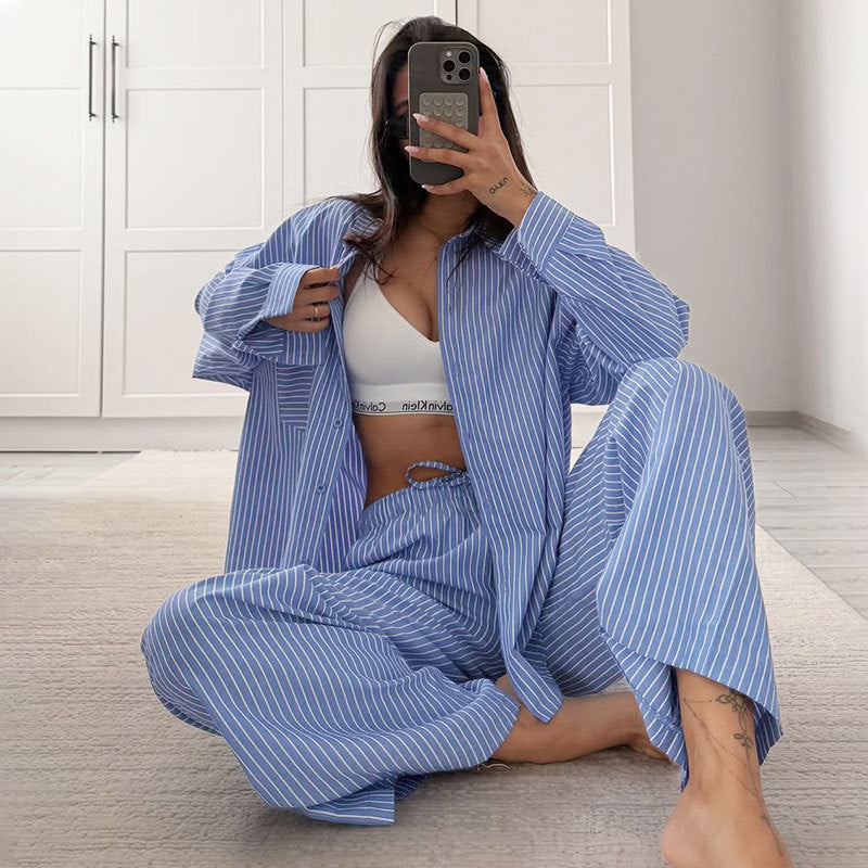 Women's Striped Casual Simple Long-sleeved Trousers Loose Suits