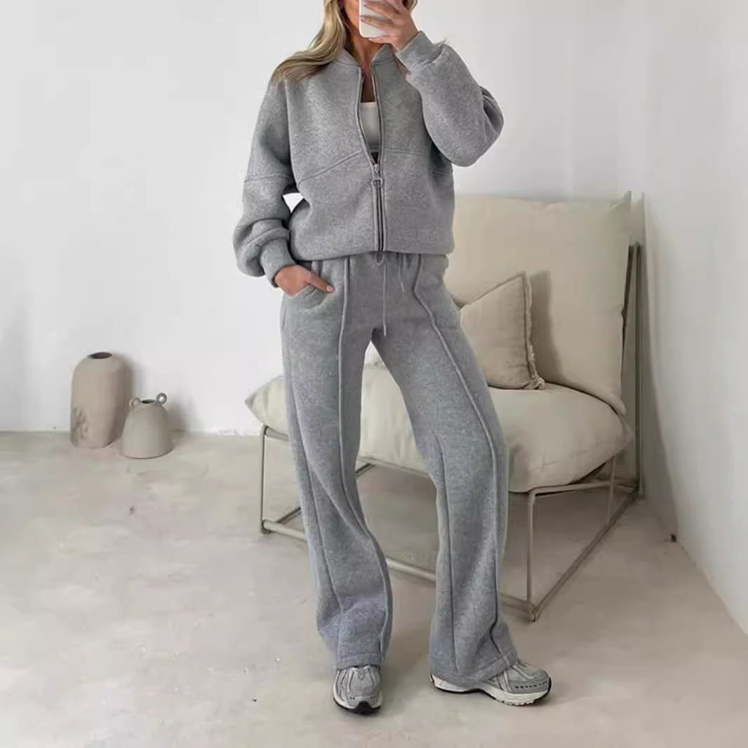 Women's Casual Set Solid Color Long-sleeved Zipper Suits
