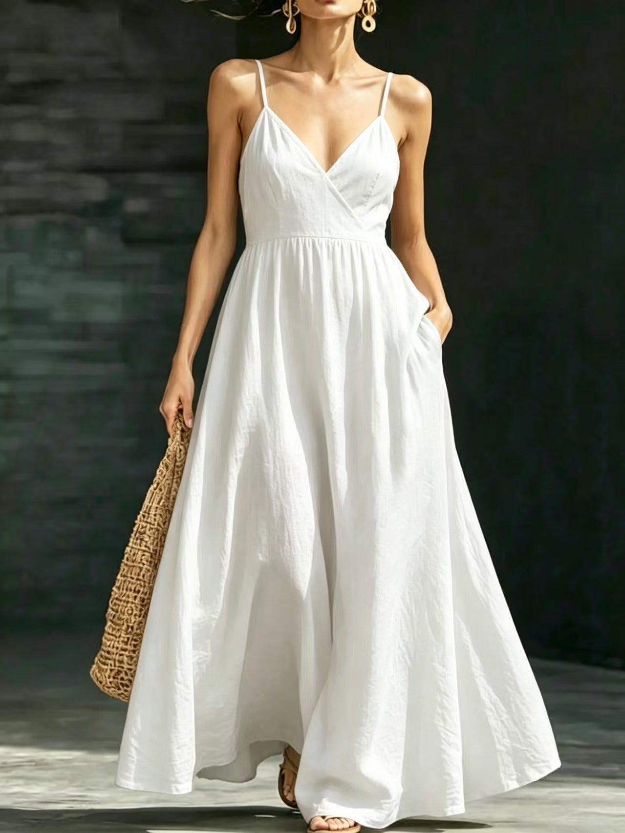 Women's Summer Backless Strap Pocket Elegant Long Dress
