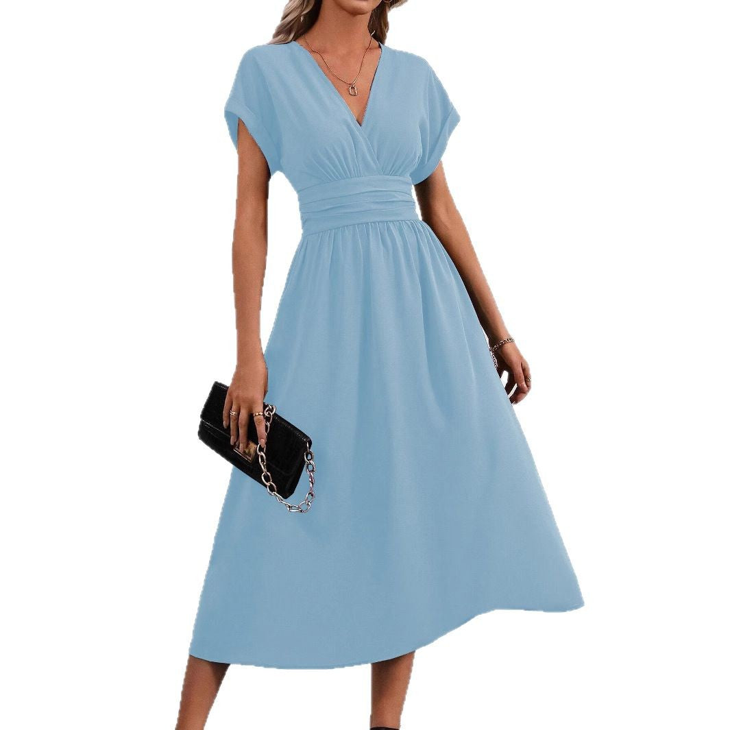 Women's Color Overlapping Batwing Sleeve Waist Pleated Dress