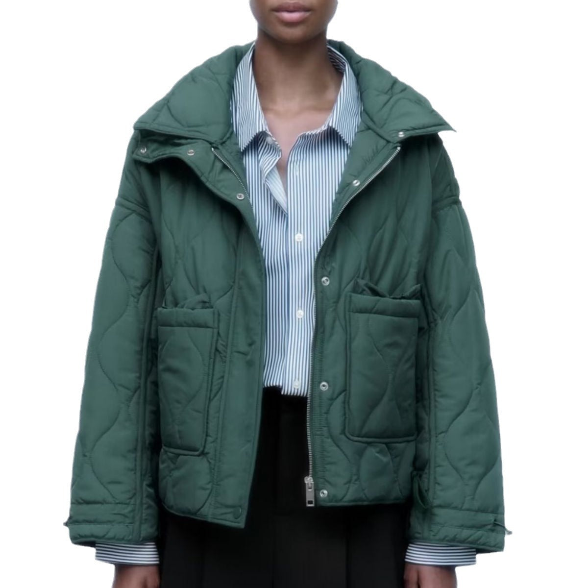 Women's Pocket Decoration Loose Long Sleeve Stand Coats