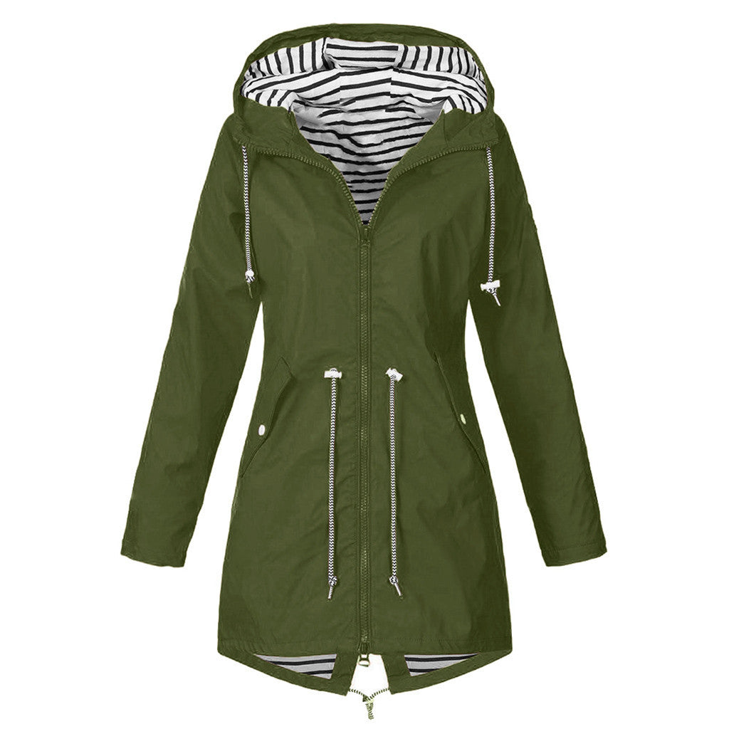 Women's Full Striped Shell Hooded Outdoor Raincoat Plus Size