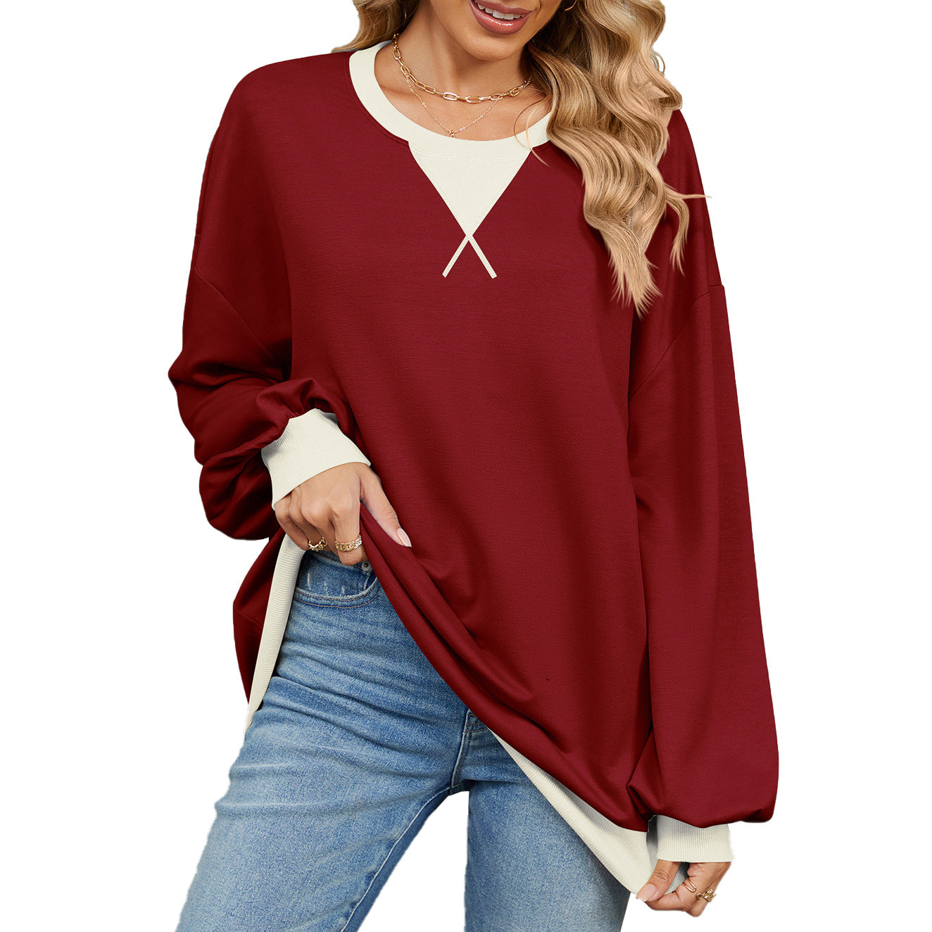 Women's Contrast Color Round Neck Loose Long Women's Sweater, Sweater