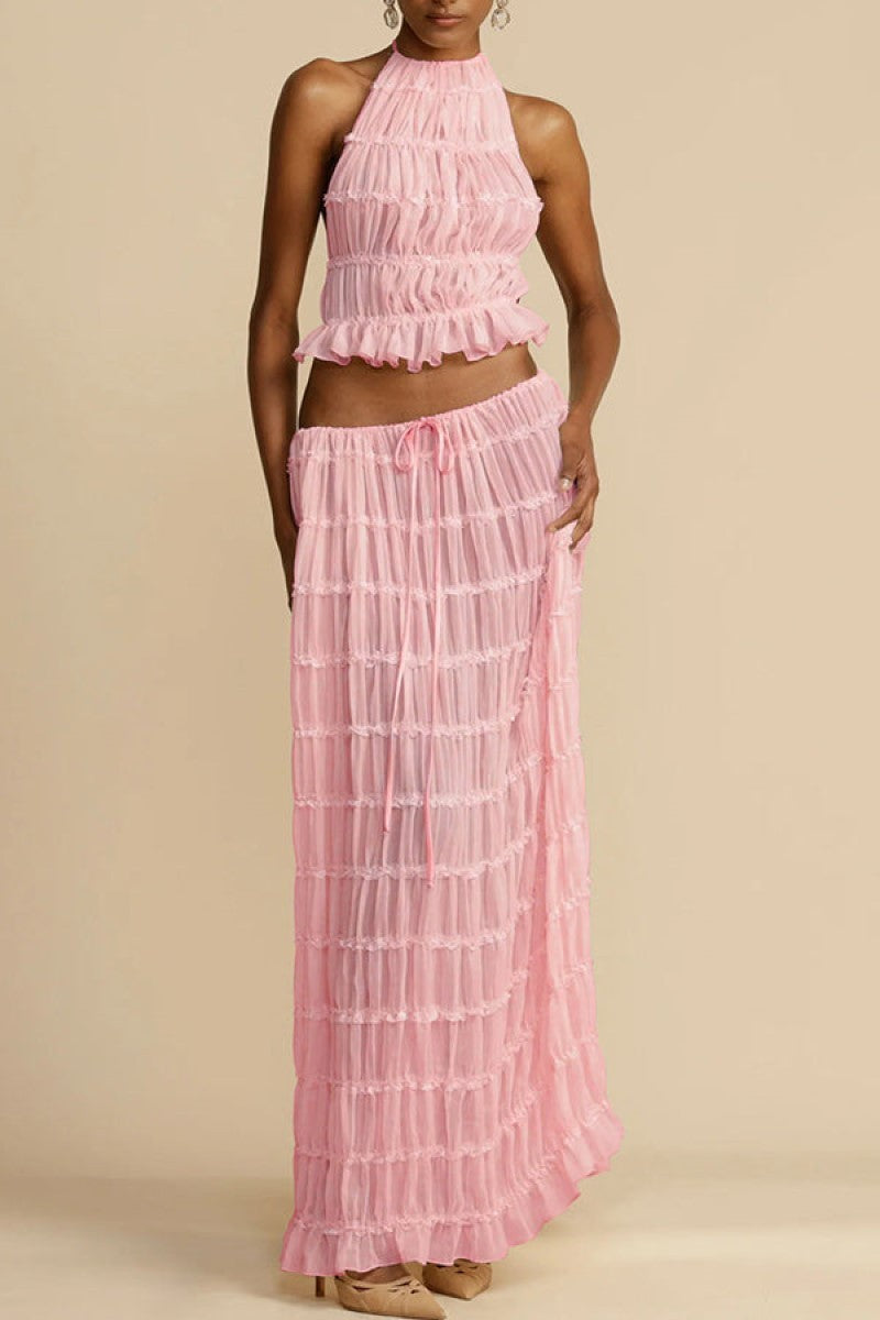 Strap Drawstring Chiffon Pleated Dress Two-piece Dresses