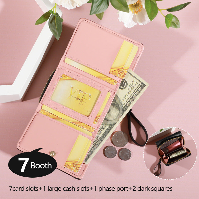 Women's Korean Embroidered Short Zipper Tri Fold Purses