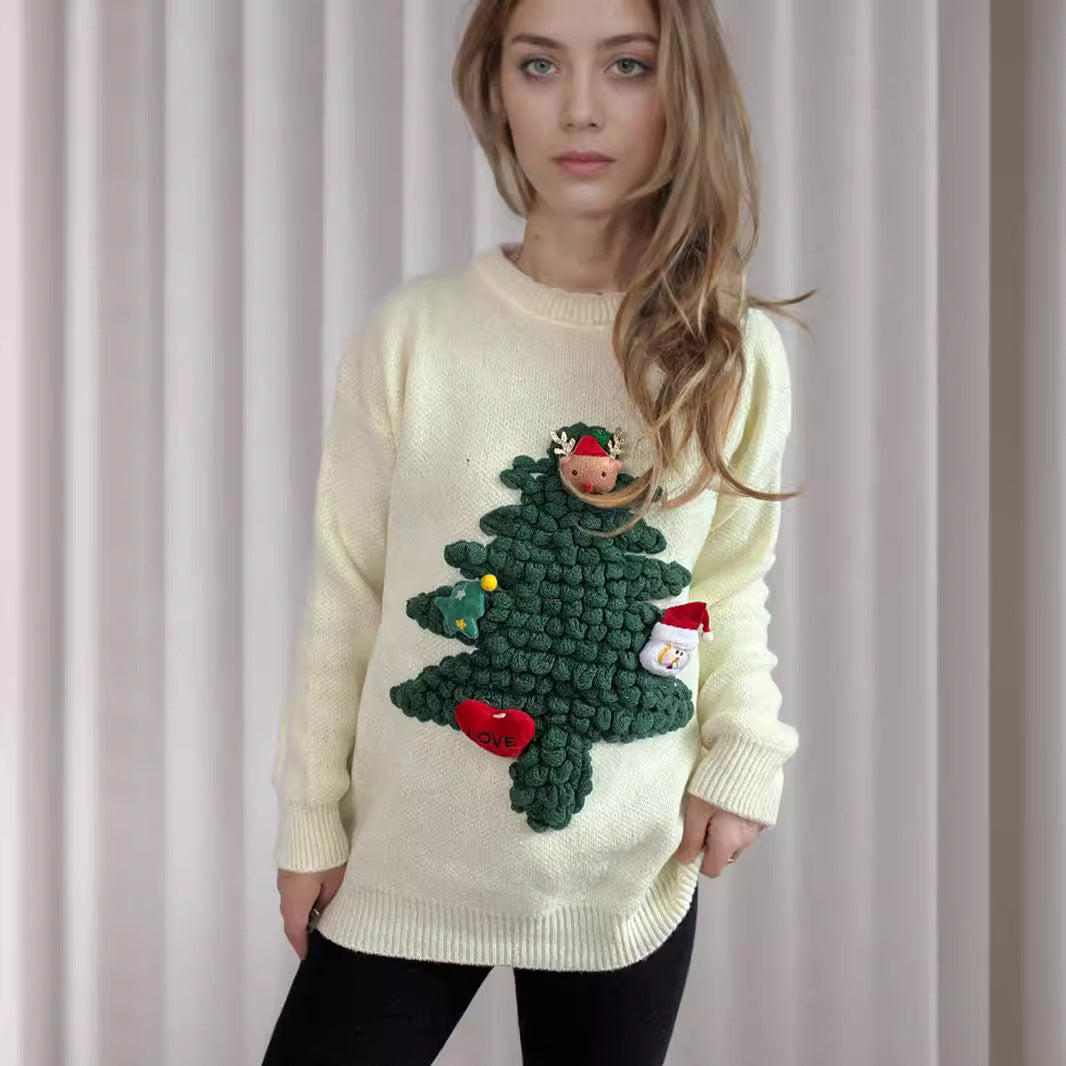 Women's Three-dimensional Flocking Christmas Tree Red Loose Sweaters