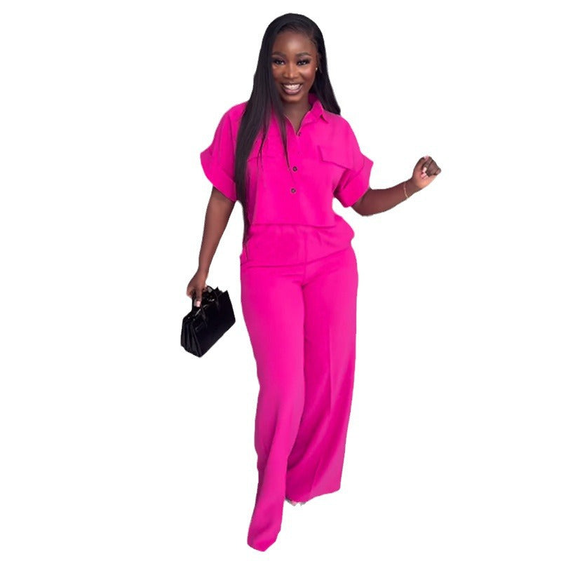 Women's Summer Lapel Sleeve Shirt High Waist Wide Suits