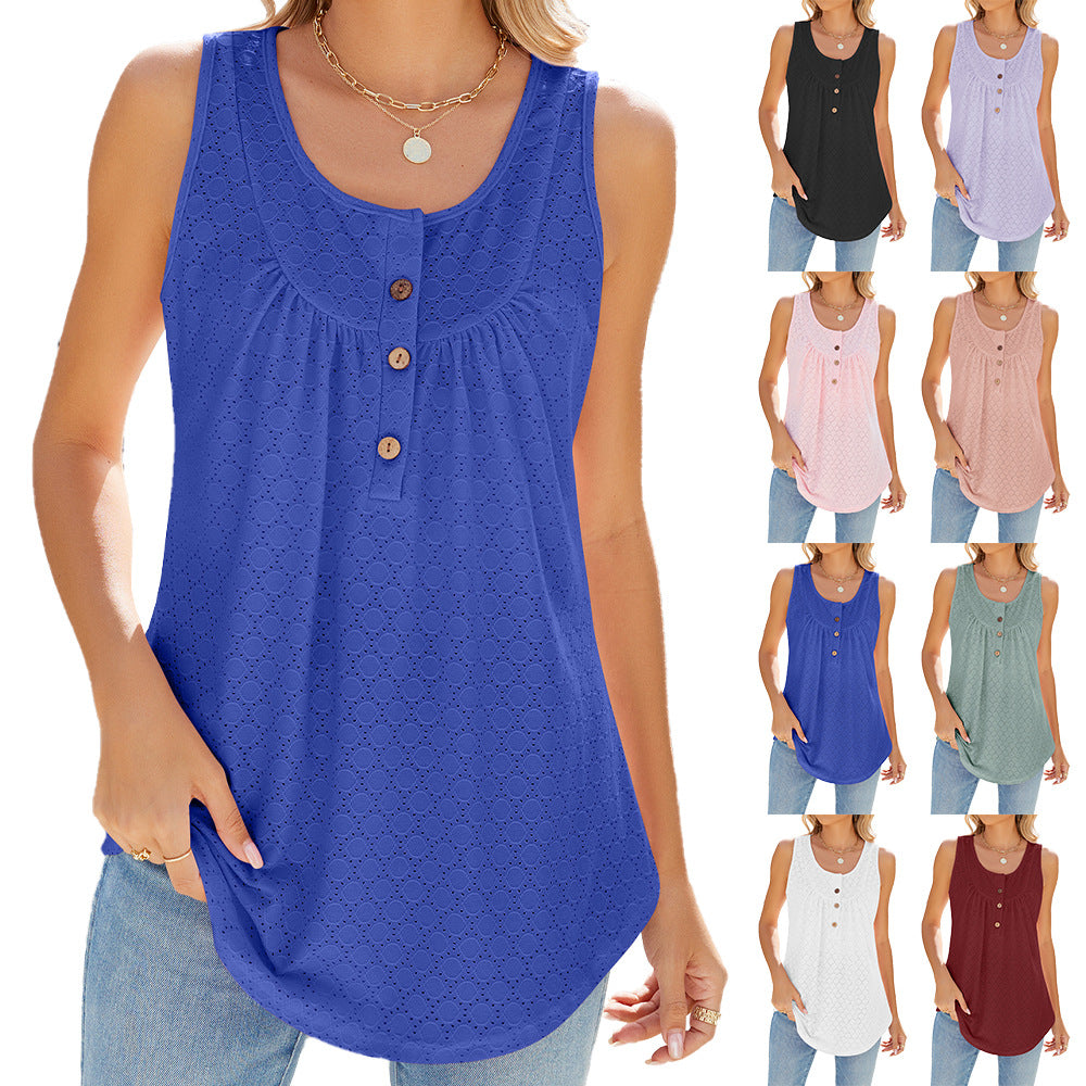Summer Solid Color Round Neck Button Women's T-shirt
