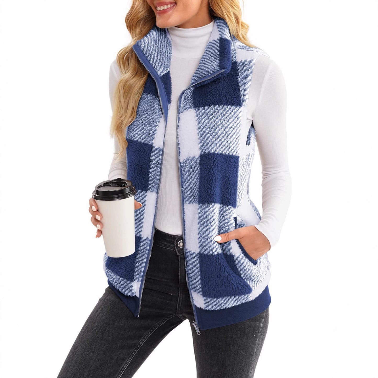 Women's Waistcoat Comfortable Veet Plaid Stand Collar Zipper Women's Vest