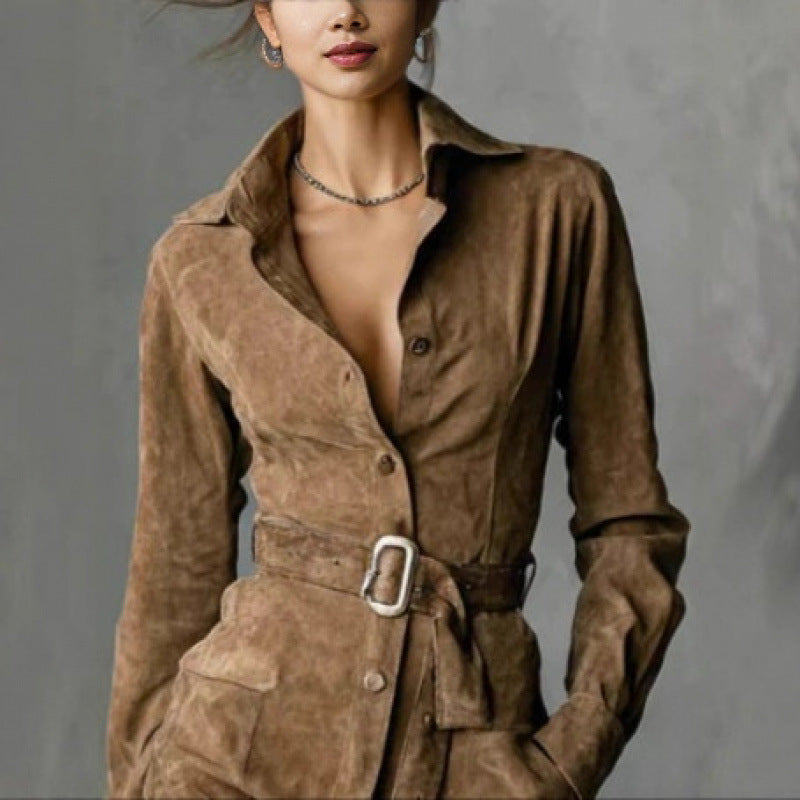 Suede Fashion Long Sleeve Lapel Single Dresses