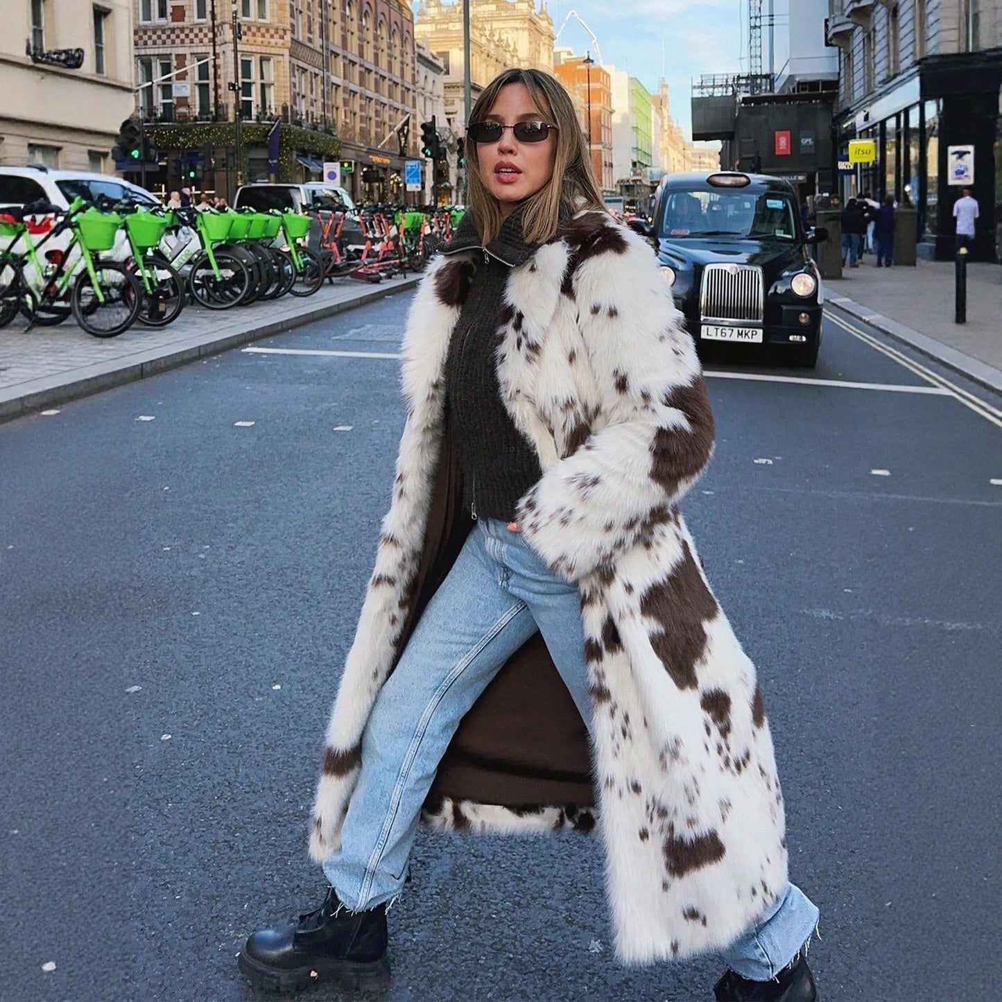 Women's Contrast Color Animal Pattern Imitation Fur High-grade Coats