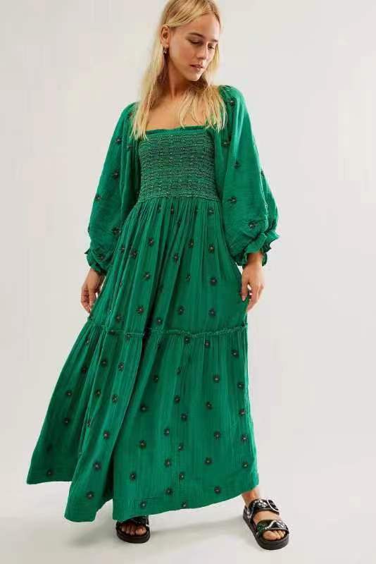 Autumn Casual Bell Sleeve Smocking Embroidered Square Dresses