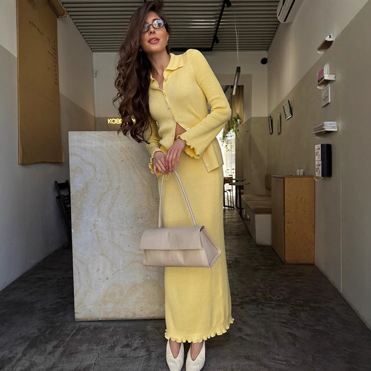 Women's Collar Long Sleeve Wooden Ear Knitted Suits