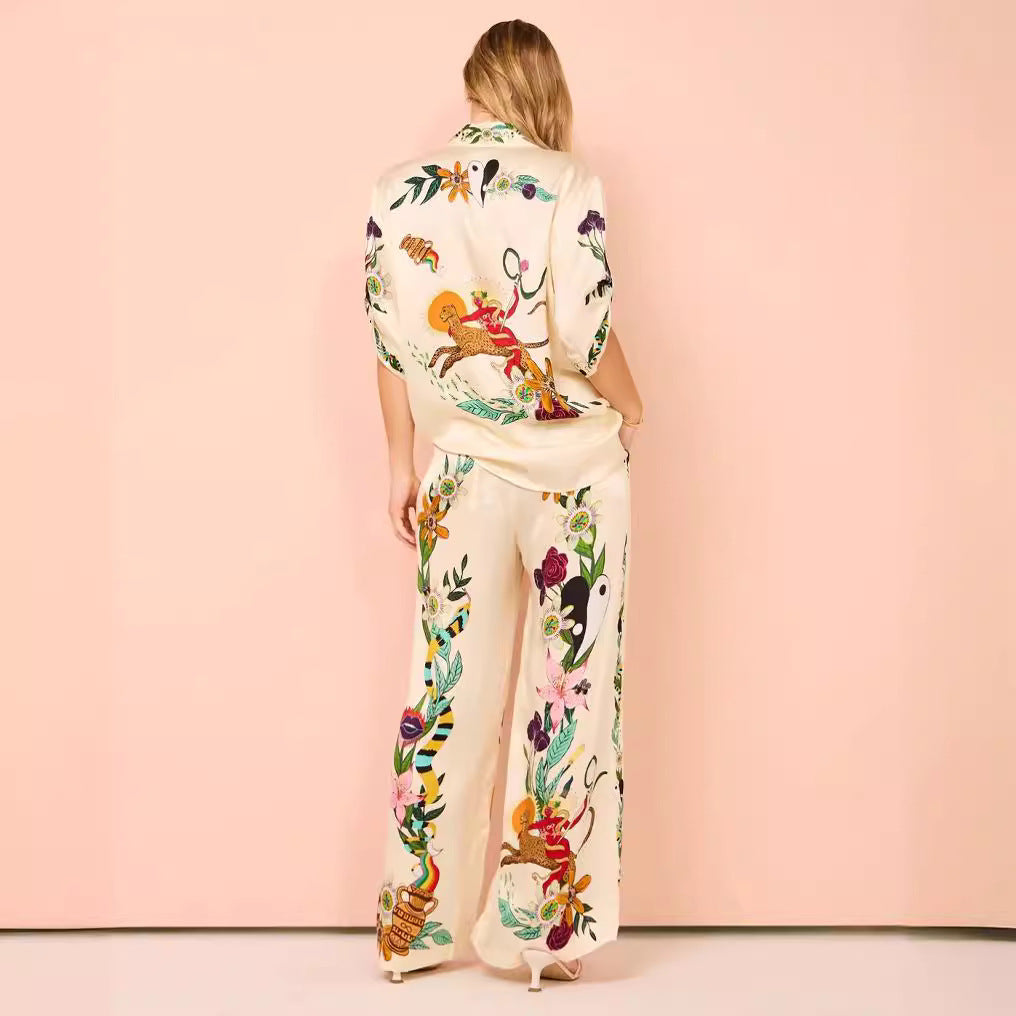 Satin Printed Temperament Short-sleeved Shirt Trousers Suits