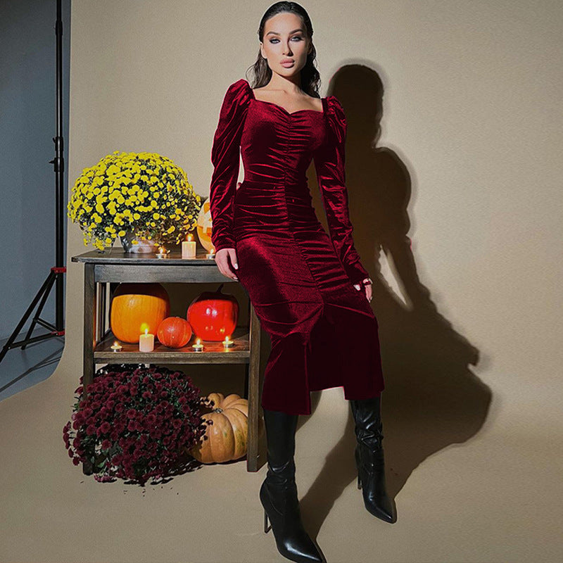 Women's Autumn Fashionable Elegant Pleated Slim Fit Slit Dress