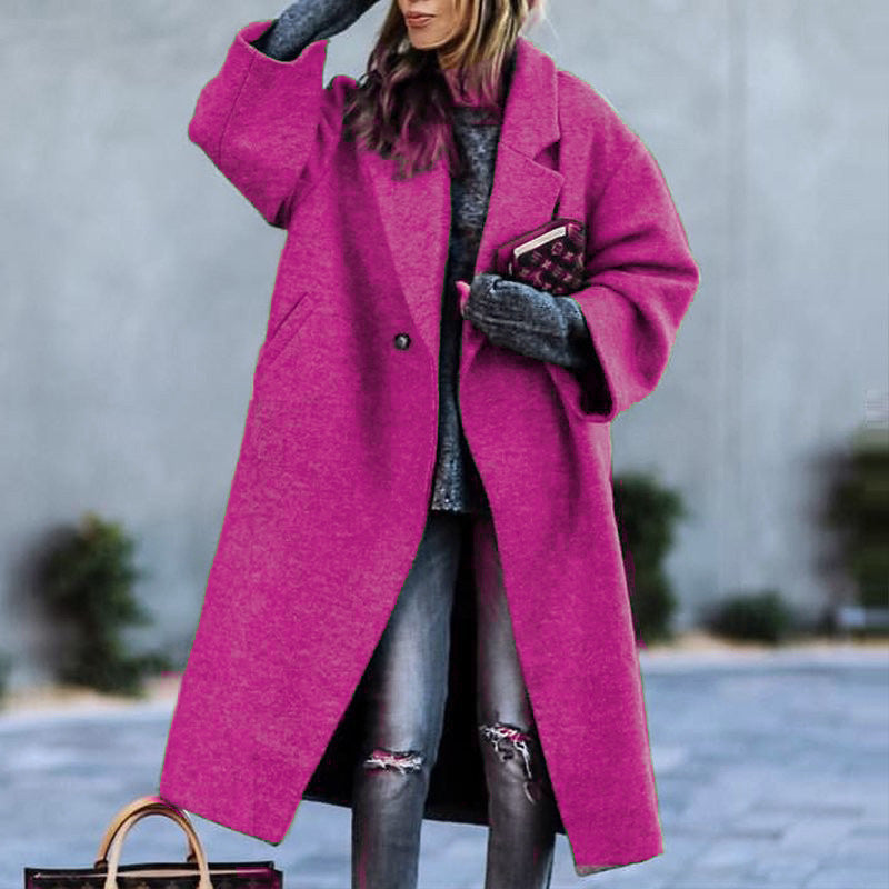Women's Long Woolen Color Temperament Commute No Belt Lapel Loose Coats