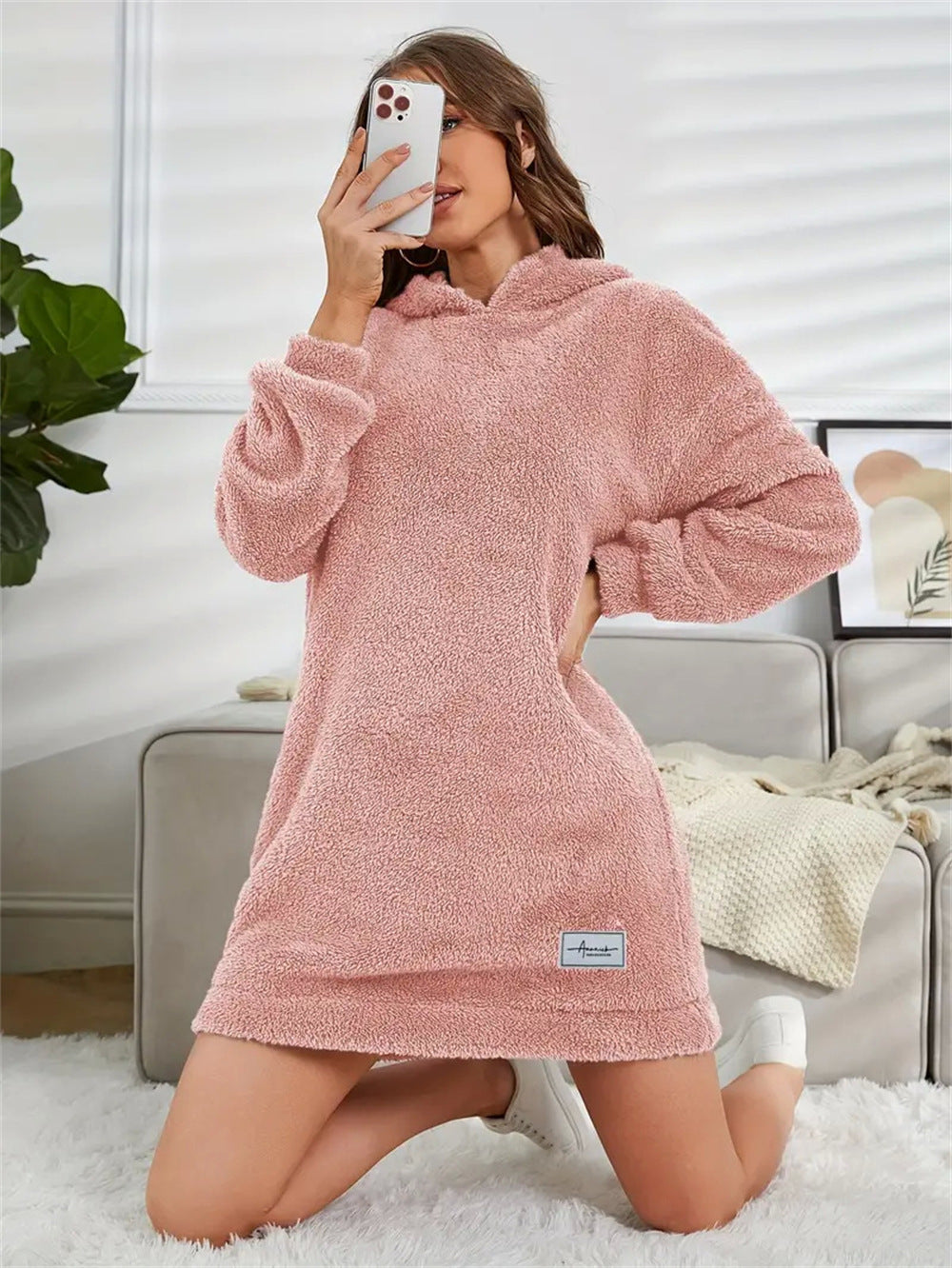 Women's Hooded Long-sleeved Plush Dress Loose Hoodie Women's Sweater, Sweater