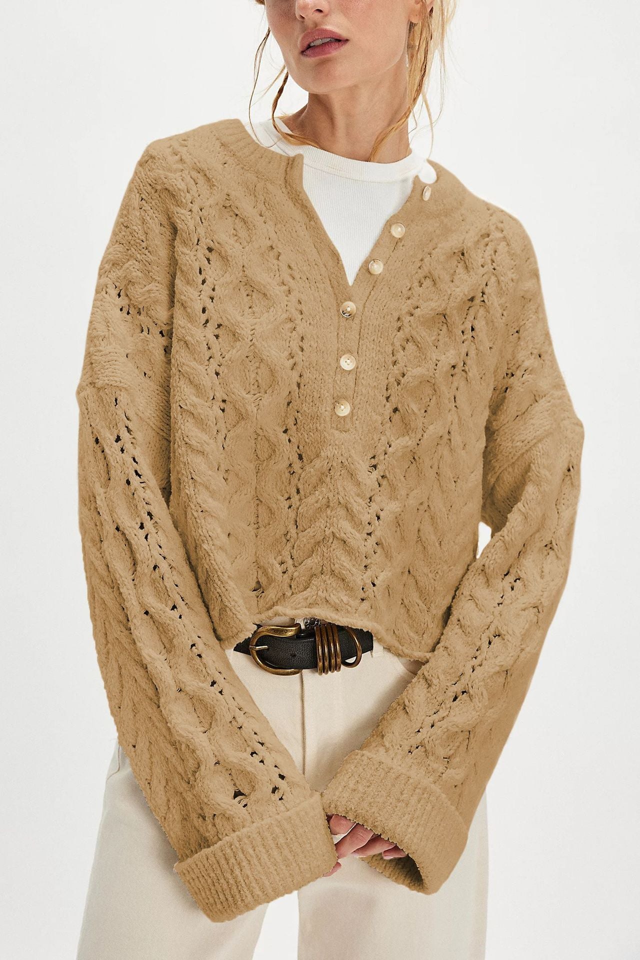 Women's Button Cable Loose-fitting Solid Color Pullover Sweaters