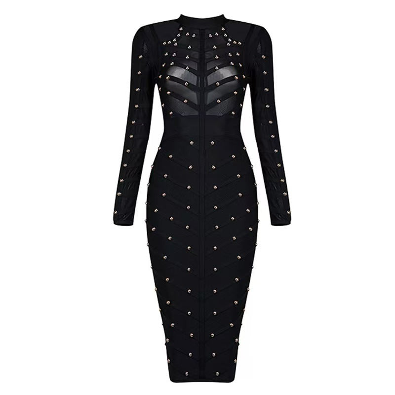 Rivet Mesh Long Sleeve Bandage One-piece Dresses