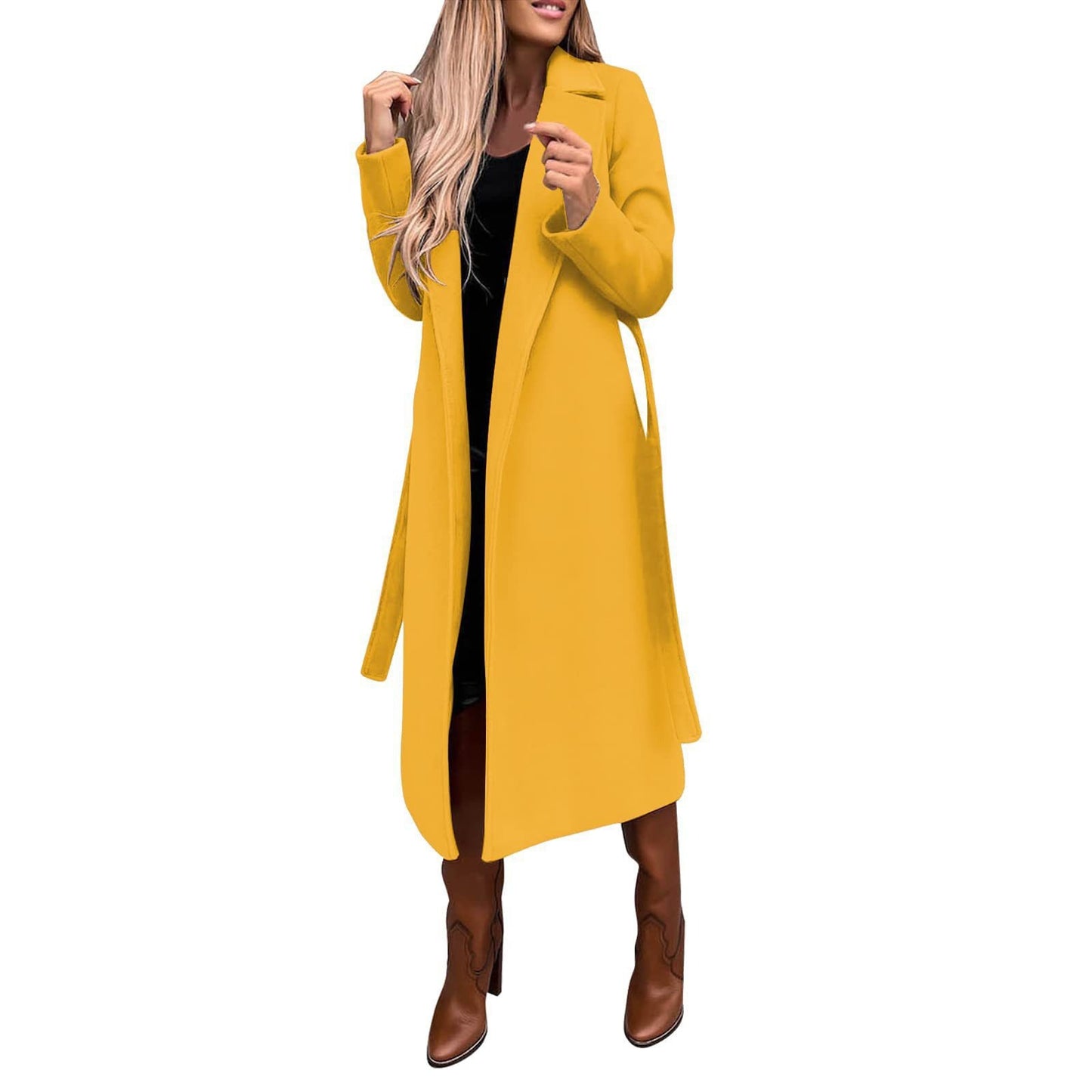 Women's Solid Color Polo Collar Long Sleeve Tied Coats