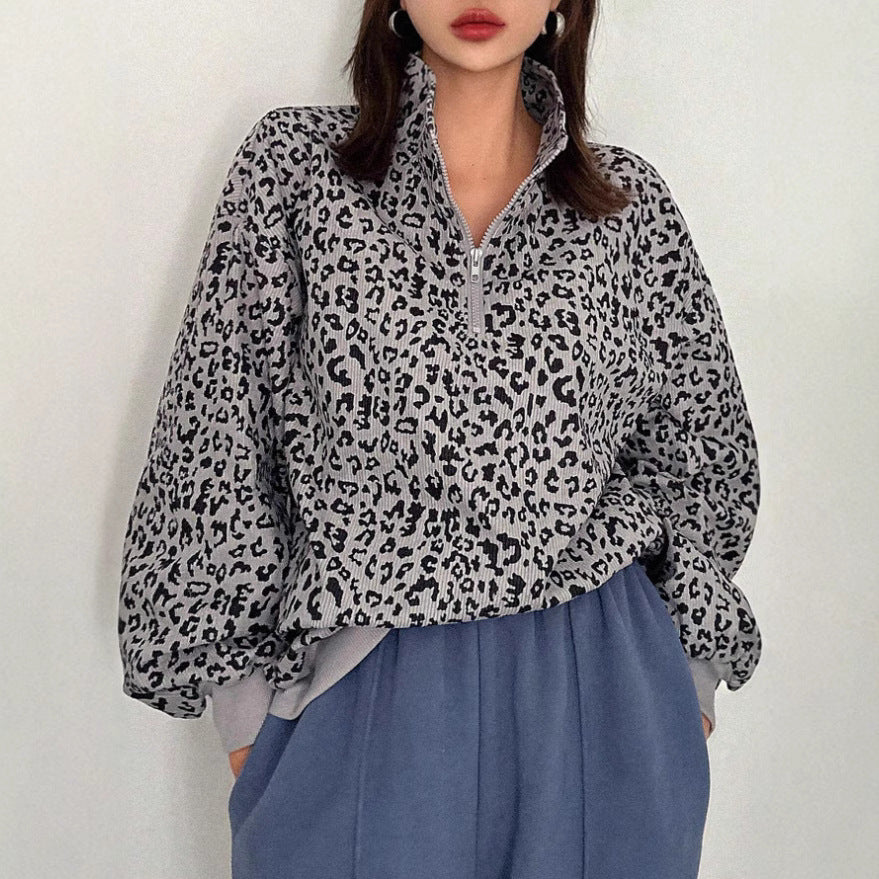 Style Stand Collar Sunken Stripe Leopard Sweaters