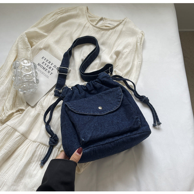 Women's Denim Large Capacity Retro Drawstring Pleated Niche Crossbody Bags